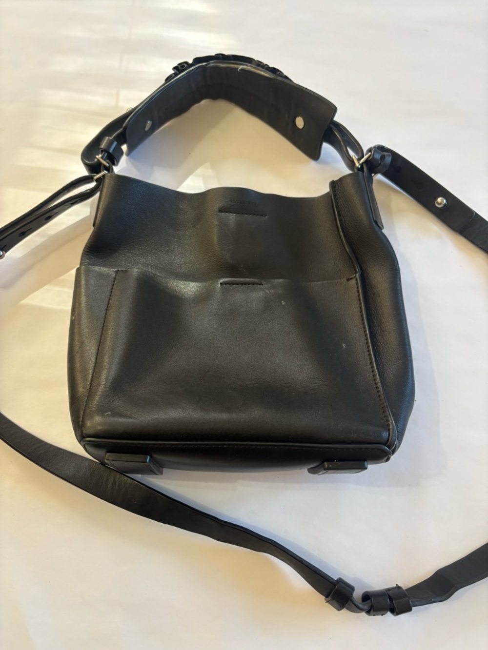 AllSaints Black Leather Crossbody Bucket Bag